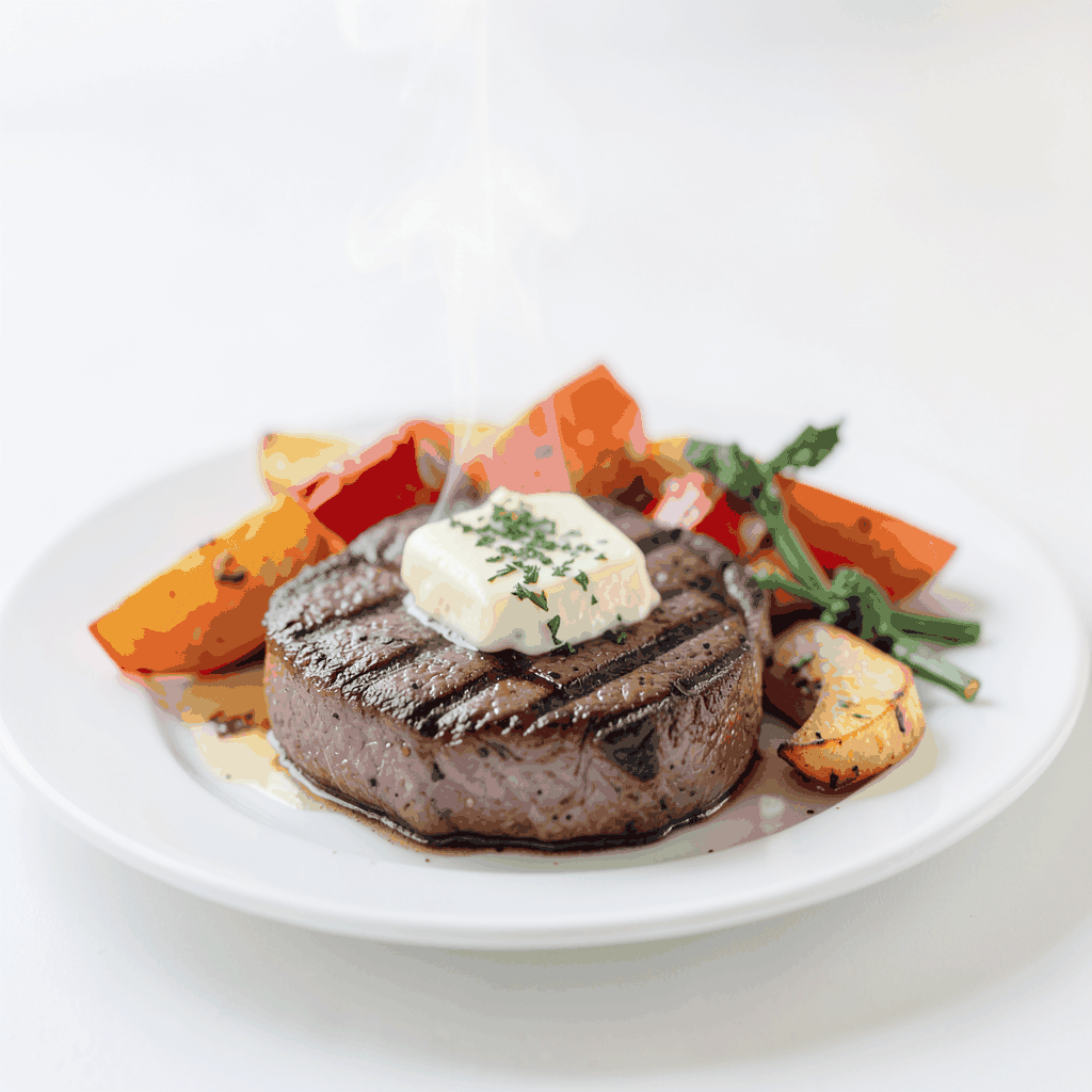 A sizzling steak with grill marks, topped with herb butter, alongside roasted vegetables on a white ceramic plate, steam rising