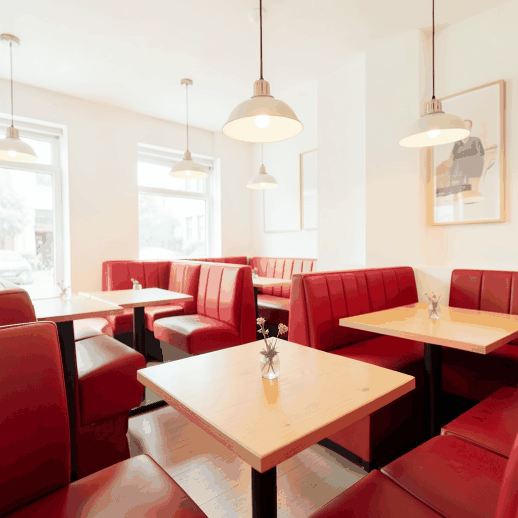 A bright, airy restaurant interior with warm wood tables, red upholstered booth seating, and soft pendant lights
