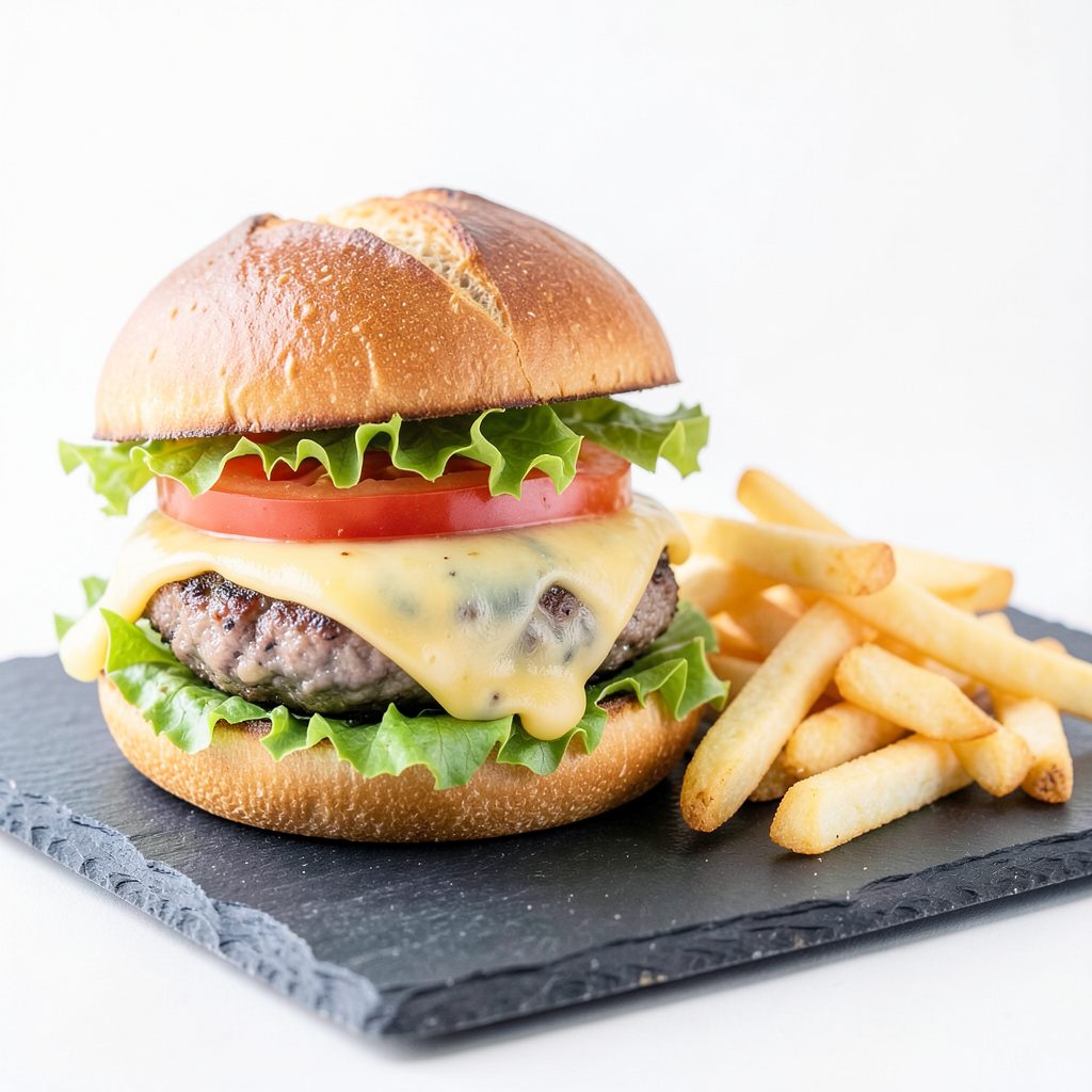 A juicy burger with melted cheese, crisp lettuce, and tomato on a toasted brioche bun, served with a side of golden fries
