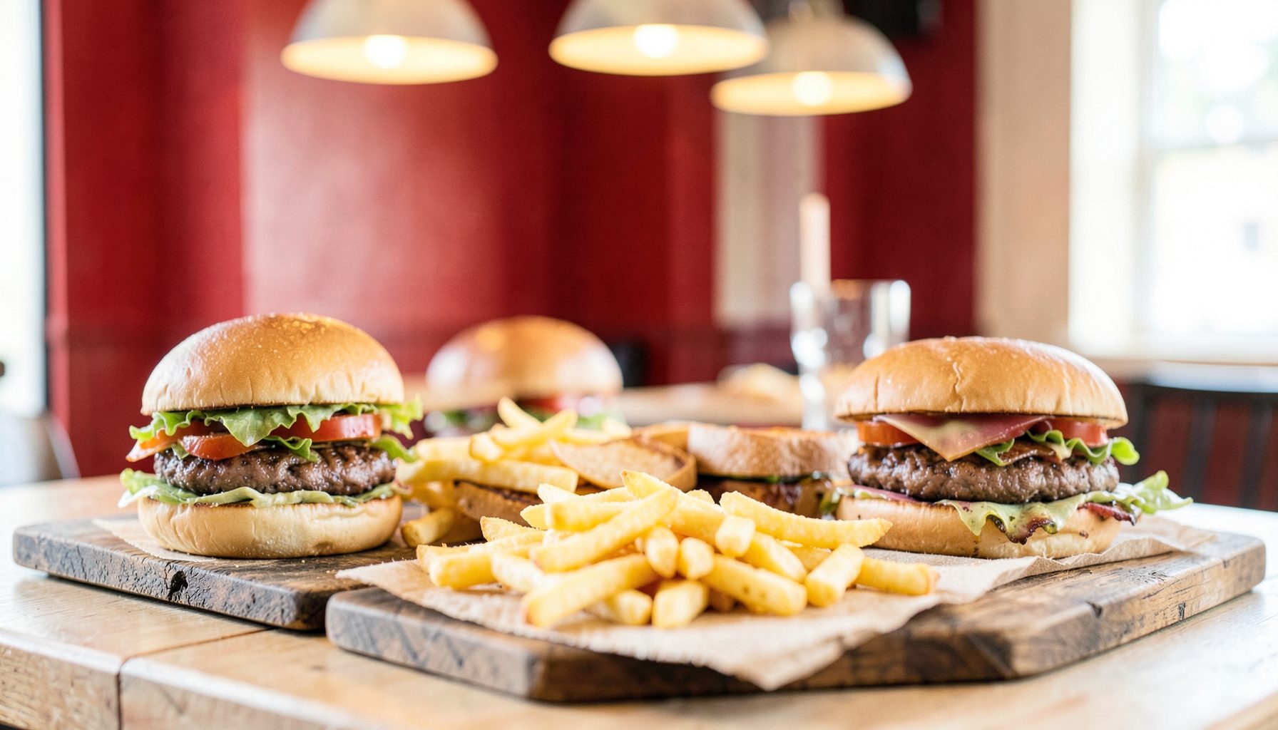 A warm, inviting restaurant table spread with burgers, sandwiches, and golden fries on rustic wooden boards, soft overhead lighting