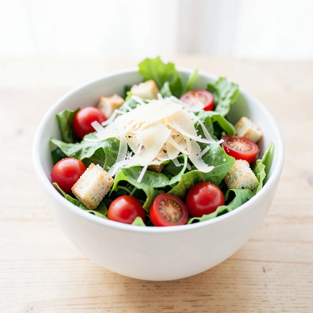A colorful salad bowl with mixed greens, cherry tomatoes, croutons, and shaved parmesan, dressed lightly, on a light wood table