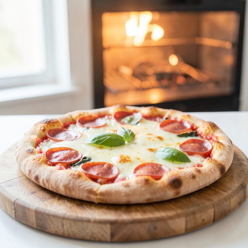 A freshly baked pizza with bubbling mozzarella, pepperoni slices, and basil leaves on a wooden peel, warm oven glow in the background