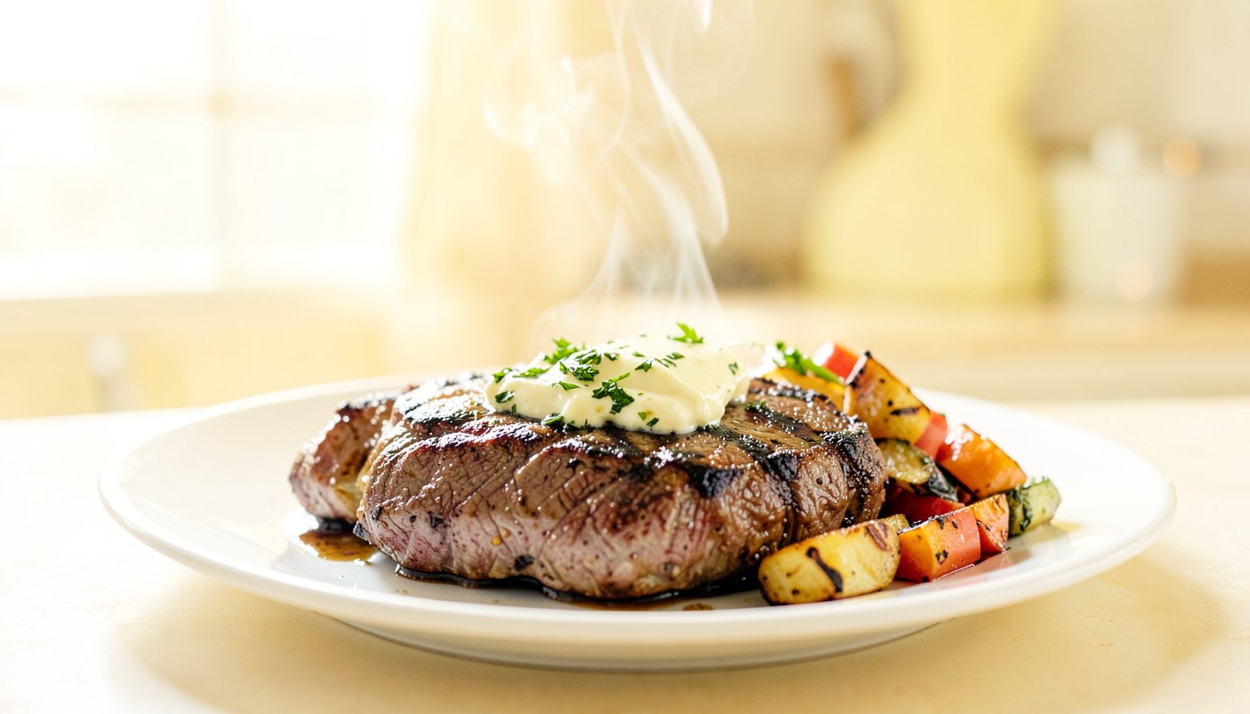 A sizzling steak with grill marks topped with herb butter, alongside roasted vegetables on a white plate, steam rising in warm kitchen light